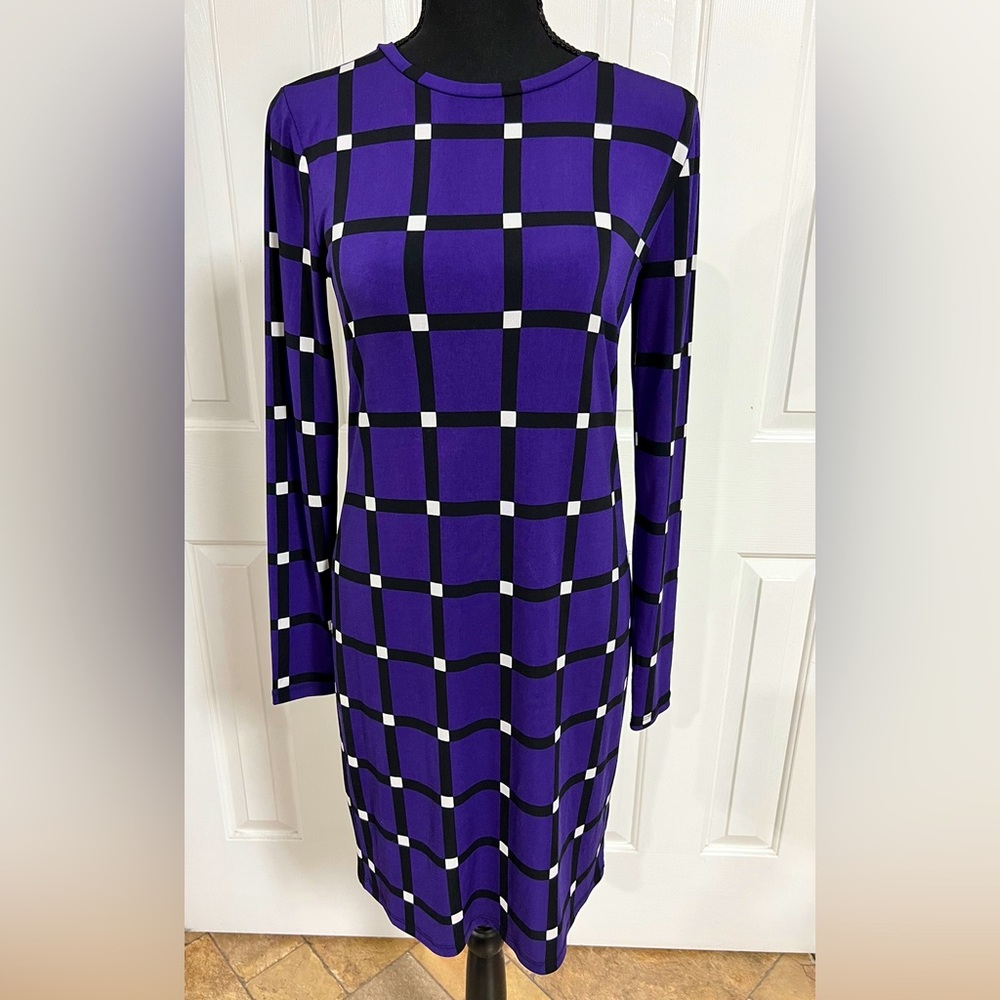 Michael Kors Dress Lng Sleeve Back Zip Purple Blk Wht NWOT Smoke/Pet Free Home